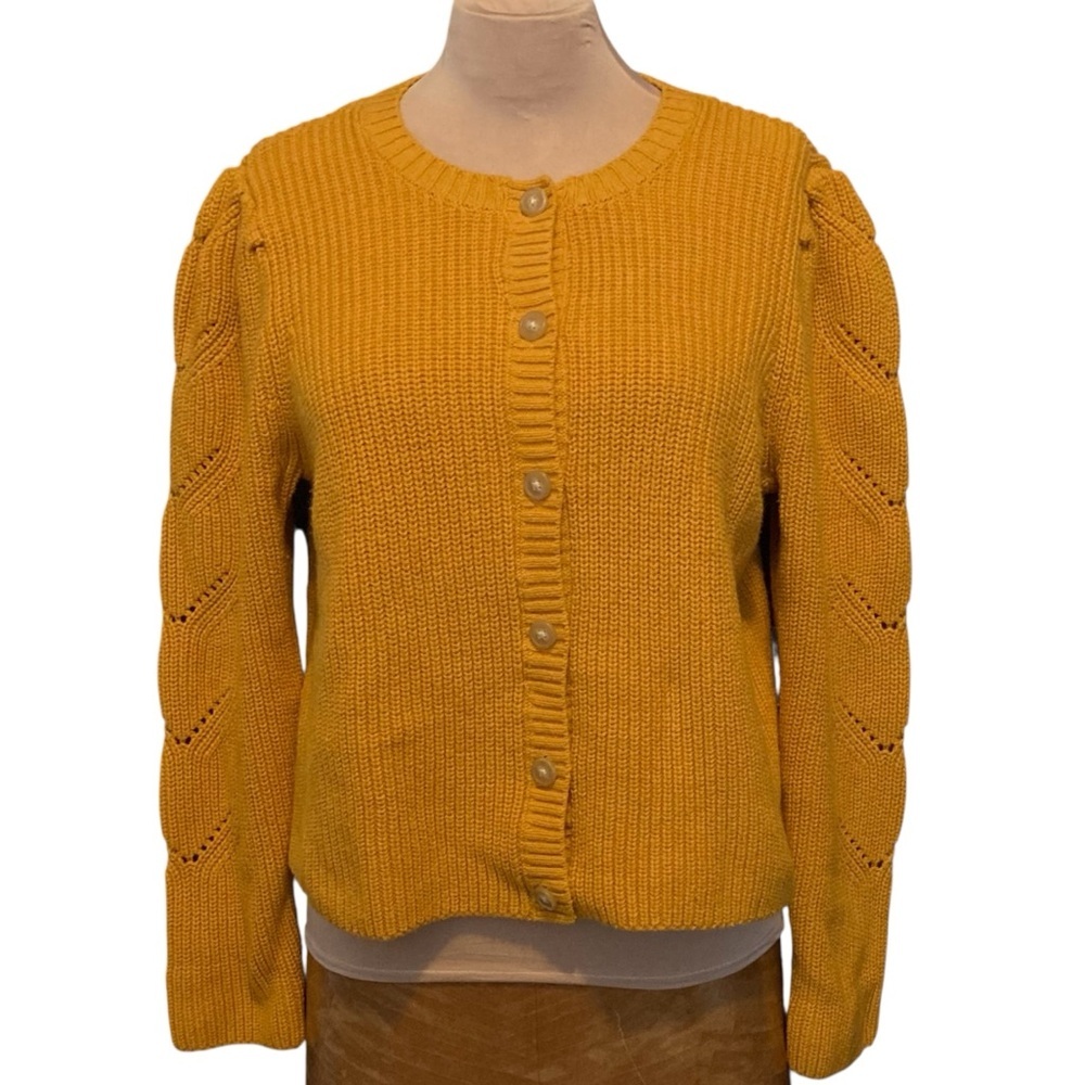 Talbots Sunflower Gold Cardigan Sweater with Puff Sleeves